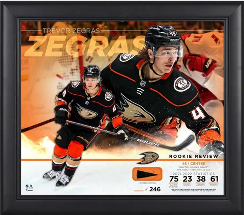 Trevor Zegras Ducks Framed 15x17 Rookie Collage w/Piece of GU Puck-LE 246 Cover