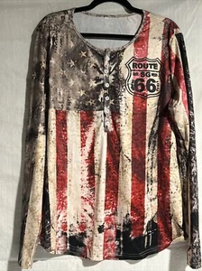 Men’s Route 66 L Red White And Blue Long Sleeve Shirt Stretch Slinky - Picture 1 of 8