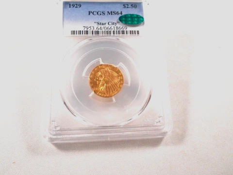 1929 GOLD USA $2.5 DOLLAR INDIAN HEAD QUARTER EAGLE COIN, PCGS MS 64, CAC Cover