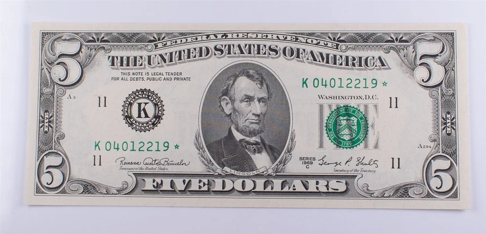 Series 1969-C $5 U.S. Federal Reserve UNC *Star* Note Dallas Banuelos/Shultz - Image 1 of 2