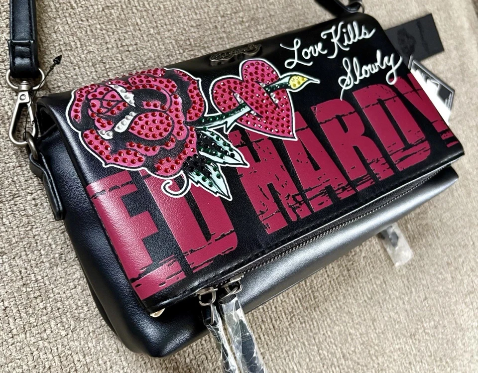 ED HARDY Love Kills Slowly BLK Rhinestone XBODY CLUTCH Rose Y2K Tattoo Skull - Image 1 of 4