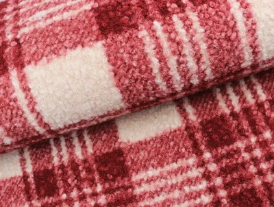 BOUCLÉ Curly Plüsch Stoff weich wärmend KARO CREME WINE  17,98EUR /m - Bild 1 von 3