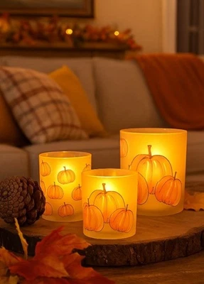 4 STK Windlichter Kürbis Glas grau orange b8480 Kerzenhalter Kürbisse Herbstdeko - Bild 1 von 2