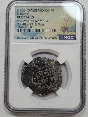 1715 DATED Cob 4 Reales 1715 FLEET Mexico NGC VF Details Mo J Rare Type *M90 - Image 1 of 4