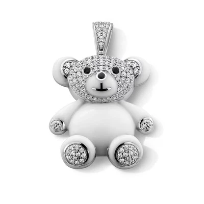 Berloque de colar de urso de pelúcia de cerâmica diamante preto e branco 0,5 CT em prata 925 - Imagem 1 de 4