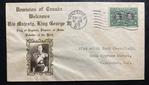 1939 Vancouver Canada King George VI Royal Visit First Day Cover Locally Used - Picture 1 of 2