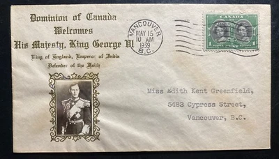 1939 Vancouver Canada King George VI Royal Visit First Day Cover Locally Used - Image 1 of 2