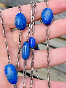 ANTIQUE ART DECO SILVER & LAPIS LAZULI NECKLACE 130 CM LONG CIRCA 1920S - Picture 1 of 19