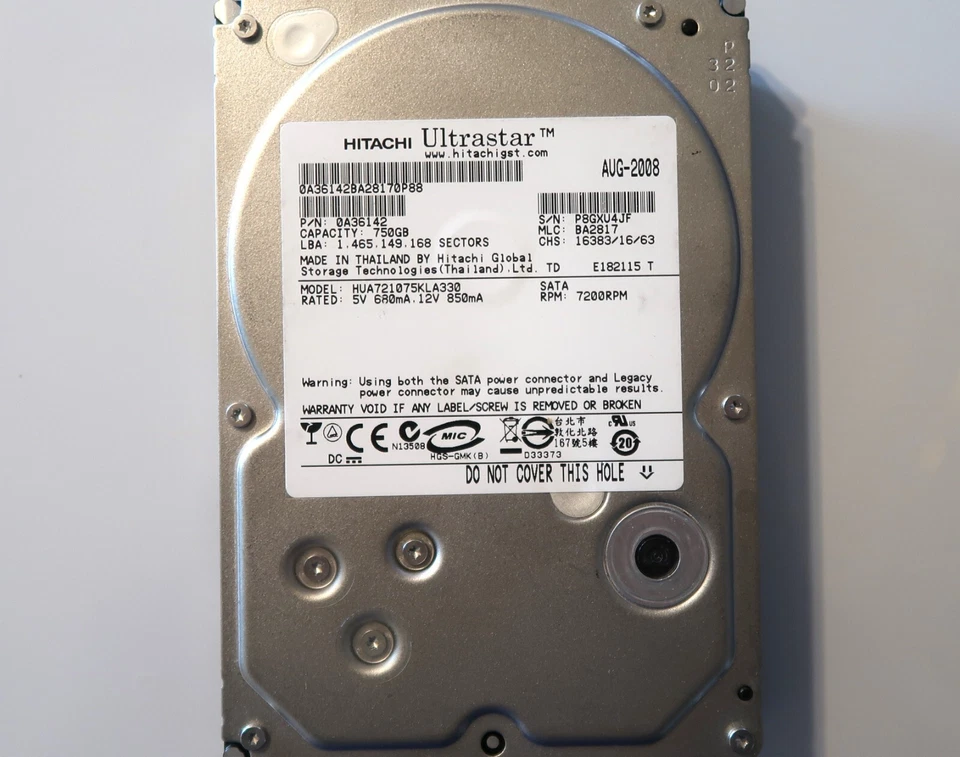Hitachi HUA721075KLA330 0A36142 MLC:BA2817 750gb 3.5" Sata HDD AUG-2008 - Image 1 of 1