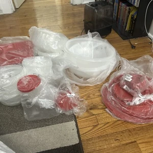New Old Stop Tupperware LARGE Storage Lot Ice Frost W Red Matching Tops Set Huge - Picture 1 of 14