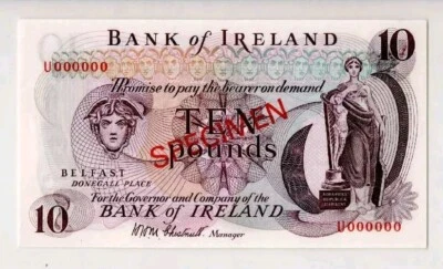 IRELAND, BELFAST 10 POUNDS 1971  SPECIMEN PREFIX U00000 UNC - Image 1 of 4