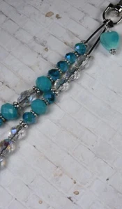 Aqua Heart Beaded Purse Charm Bag Clip Crystal Glass Rhinestone Handmade New - Picture 1 of 4