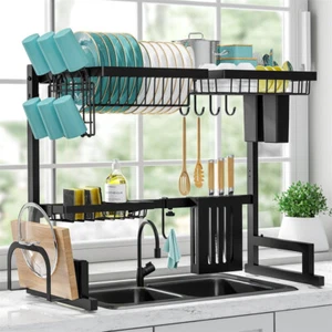 Over Sink Dish Drying Rack Drainer Shelf Stainless Steel Kitchen Cutlery Holder - Picture 1 of 15