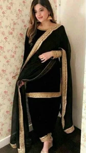 Party Wear Indian Pakistani Punjabi Black Silk Salwar Kameez Kurta Shalwar Suits - Picture 1 of 3