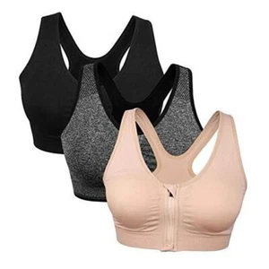 Women's Zip Front Sports Bra Wireless Post X-Large 3 Pack(black+grey+flesh) - Picture 1 of 7