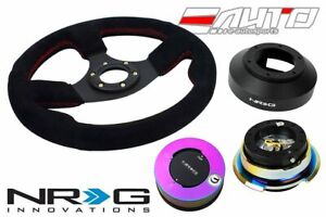 NRG 320mm Race Suede Red Stitch Steering Wheel 141H Hub 2.8 BKMC Release Lock MC