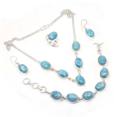 Conjunto de joyas collar anillo pendiente hecho a mano plateado azul Larimar Z974 Foto 1 de 4