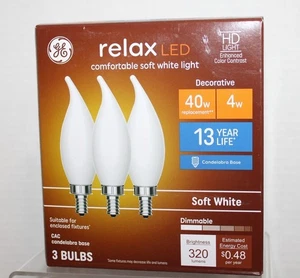 GE Relax 40w Replacement LED HD Bulbs Candelabra Base Soft White Dimmable 3-Pack - Picture 1 of 4