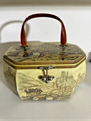 Large Vintage Anton Pieck Wooden Octagon Box Purse w/ Lucite Handle - Image 1 of 4