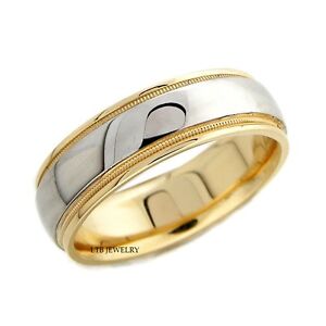  18K SOLID TWO TONE GOLD WEDDING BANDS RINGS MILGRAIN SHINY FINISH 6MM