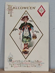 1908 Antique Halloween Postcard Nash H-13 Girl Bats Jack-O-Lantern Love Spell - Picture 1 of 3