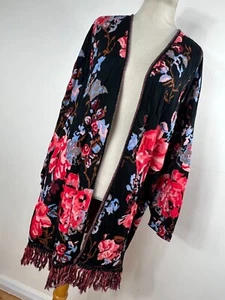 INC International Concepts 2X Cardigan Black Pink Floral Embroidered Fringe D3 - Picture 1 of 6