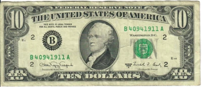 1988A 10$ Federal Reserve Note - Green Seal - CVV/NFB B40941911A - #13742 - Image 1 of 2