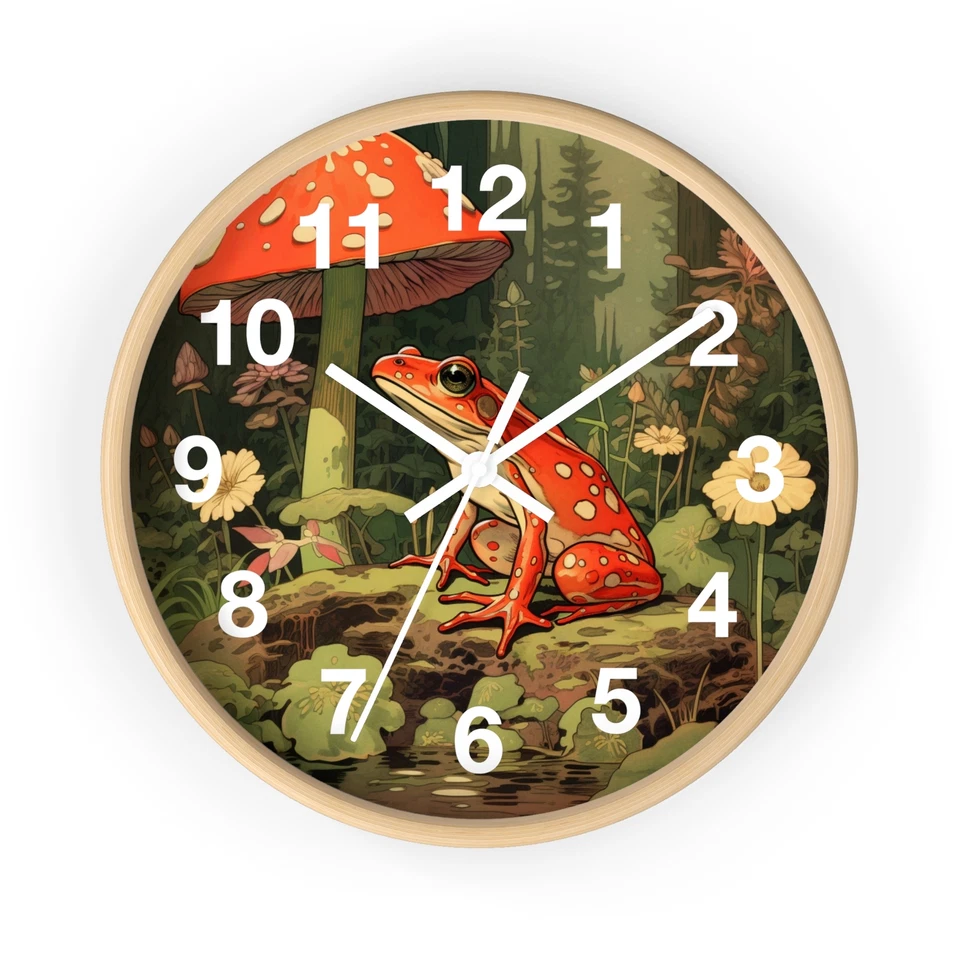 Red Frog under a Mushroom Wall Clock | Cottage Core Wall Decor | Frog Home Decor - Image 1 of 1