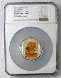 2010 Cook Islands $20-SUNFLOWERS by VanGogh-NGC PF69 ULTRA CAMEO 999 Silver Coin - Picture 1 of 4
