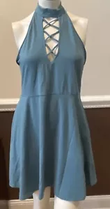 Express Fit And Flare Skater Dress Blue Sz Large Lace Up Front Halter NEW W/TAG - Picture 1 of 9