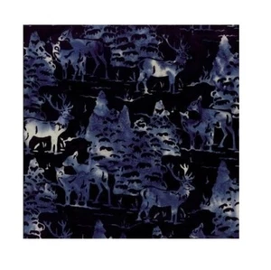 Batik Fabric - Moonstruck Deer Forest Scene Dark Blue - Hoffman YARD - Picture 1 of 1