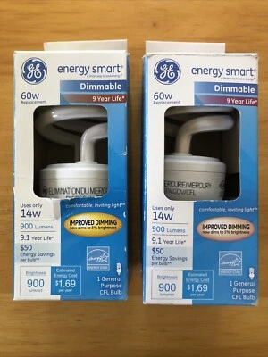 New 2 GE Energy Smart 60 W Replacement Dimmable 900 Lumens CFL Bulb 66662 - Image 1 of 4