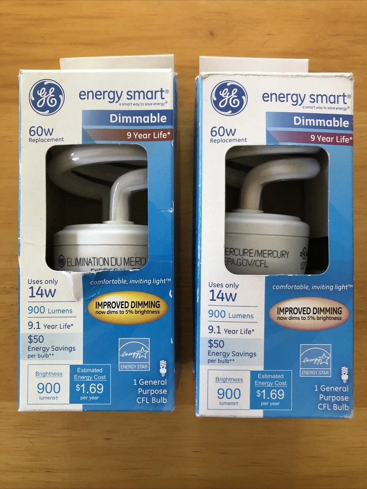 New 2 GE Energy Smart 60 W Replacement Dimmable 900 Lumens CFL Bulb 66662 - Image 1 of 4