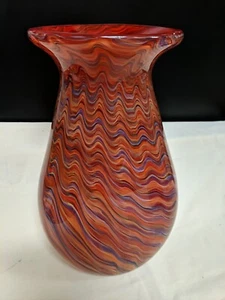 Blown Glass Vase - Red, Orange, Blue Wavy Stripes - 12" Tall - Picture 1 of 4