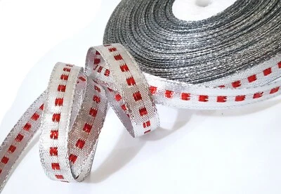 1/2"/ 13mm wide - 25 yds Silver Metallic w/ Red Checks Metallic Ribbon MR10 - Image 1 of 4