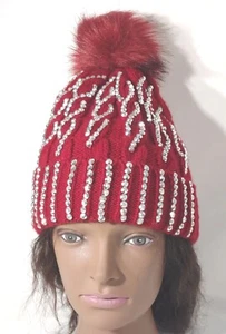 Red Bling Beanie Hat OSFM Lined with Faux Fur Ball On Top - Picture 1 of 6