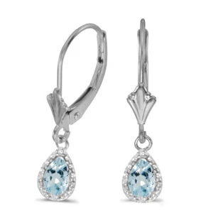 14k White Gold Pear Aquamarine And Diamond Leverback Earrings - Picture 1 of 3