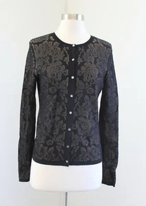 Ann Taylor Black Beige Nude Illusion Floral Button Front Cardigan Sweater Size S - Picture 1 of 5