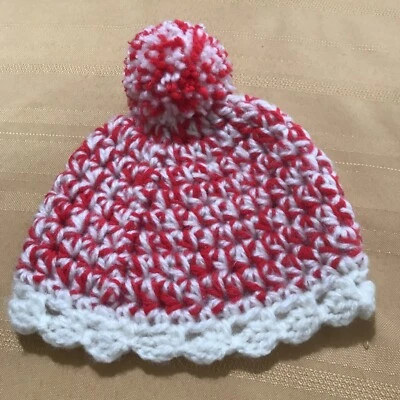 Beanie Unisex Baby Toddler Hat Handmade Crochet Red And White W/Pompom 7” - Image 1 of 4