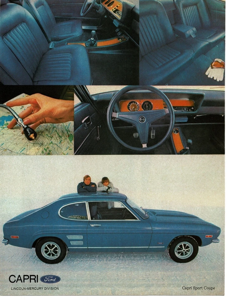 1971 MERCURY Capri Blue Sport Coupe com vistas internas anúncio impresso vintage - Imagem 1 de 1