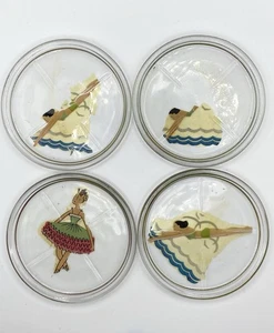 Vintage Art Deco Glass Coasters Swimmer & Ballerina Set Of 4 - Picture 1 of 1