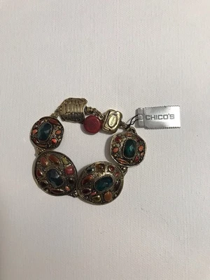 "Antiguo brazalete tortuga tono dorado Chico con piedras verdes y rojas 8"" magnético" Foto 1 de 3