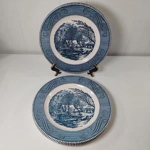 Currier and Ives Royal China Blue Dinner Plate Set of 3 The Old Grist Mill - Picture 1 of 5
