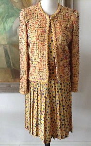 VTG ADOLFO 3 Piece Suit Boucle Wool Jacket-Silk Blouse+Pleated Silk Yellow sz Sm - Picture 1 of 12