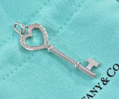 Tiffany & Co бриллиант 18K белое золото средний 1,5» сердце ключ подвеска в мешочек любовь - Изображение 1 из 4