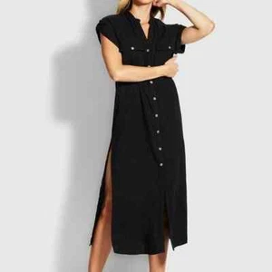 Seafolly Gardenia Women's Black Swim Cover-up Button Up Cotton Maxi Dress Sz M - Picture 1 of 8