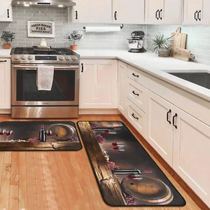 Non-Skid Wine Kitchen Rugs Set of 2, Washable Absorbent Mats 17"X47"+17"X30 - Picture 1 of 13