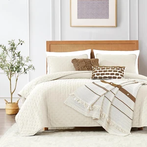 Ivory Queen Size Quilt Bedding Sets with 2 Pillow Shams, Full Cream Lightweight - Picture 1 of 6