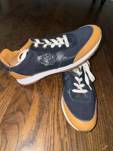 TARYN ROSE Navy & Camel Leather Lace-Up Sneakers - Size 8 1/2 M Worn only ONCE - Picture 1 of 7