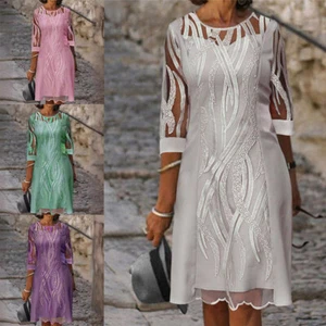Summer Casual Women Dress Half Sleeve Round Neck Party Dresses Lace Patchwork - Picture 1 of 11